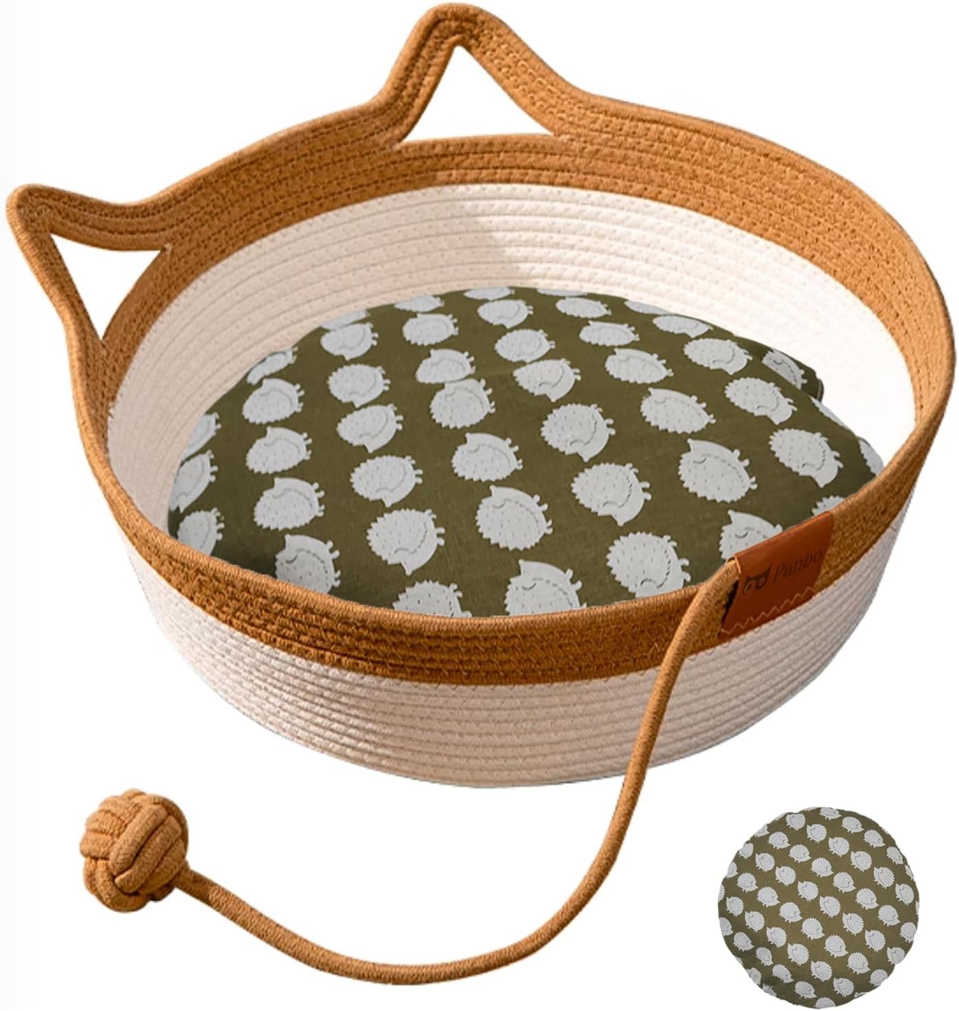 KFX-3574205 Hand Woven Cat Bed with Toy Tail - Natural Cotton and Linen, Breathable Indoor Mat for Small Breeds