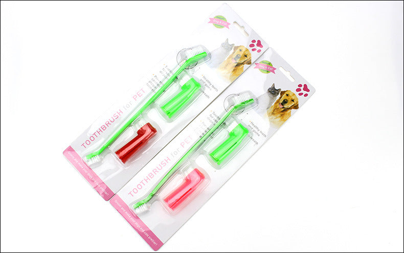 KFX-3574589 Three-Piece Pet Toothbrush Set with Dual-Head Brush and Finger Brushes