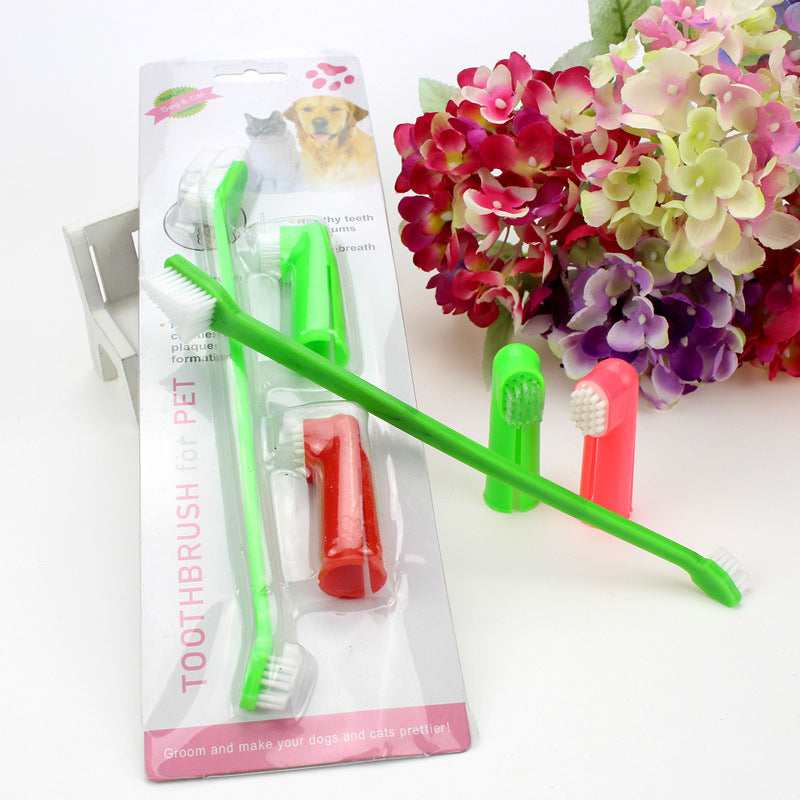 KFX-3574589 Three-Piece Pet Toothbrush Set with Dual-Head Brush and Finger Brushes
