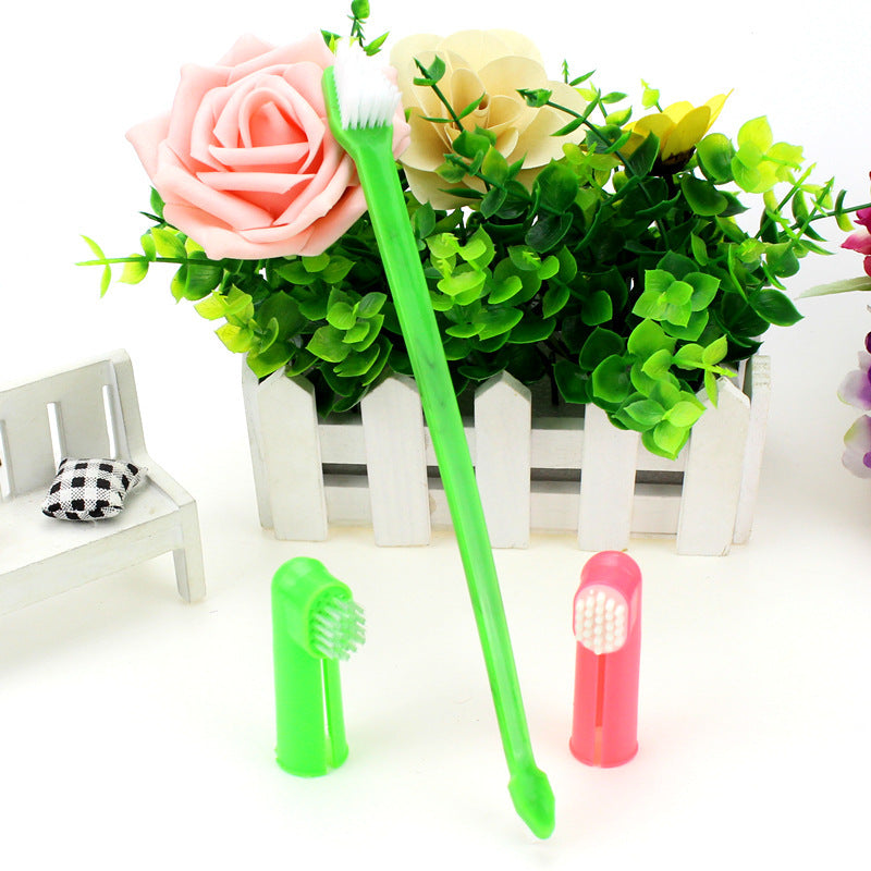 KFX-3574589 Three-Piece Pet Toothbrush Set with Dual-Head Brush and Finger Brushes