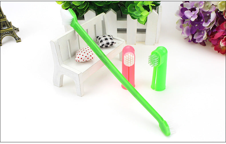 KFX-3574589 Three-Piece Pet Toothbrush Set with Dual-Head Brush and Finger Brushes