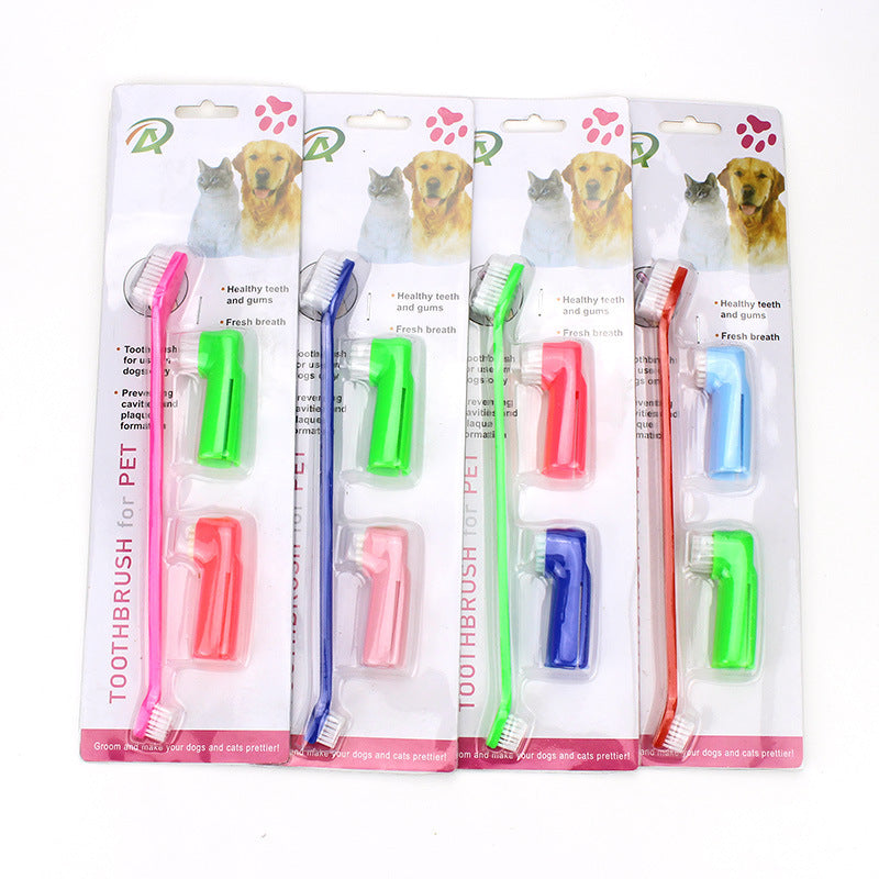KFX-3574589 Three-Piece Pet Toothbrush Set with Dual-Head Brush and Finger Brushes