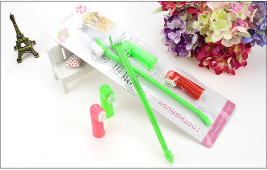 KFX-3574589 Three-Piece Pet Toothbrush Set with Dual-Head Brush and Finger Brushes