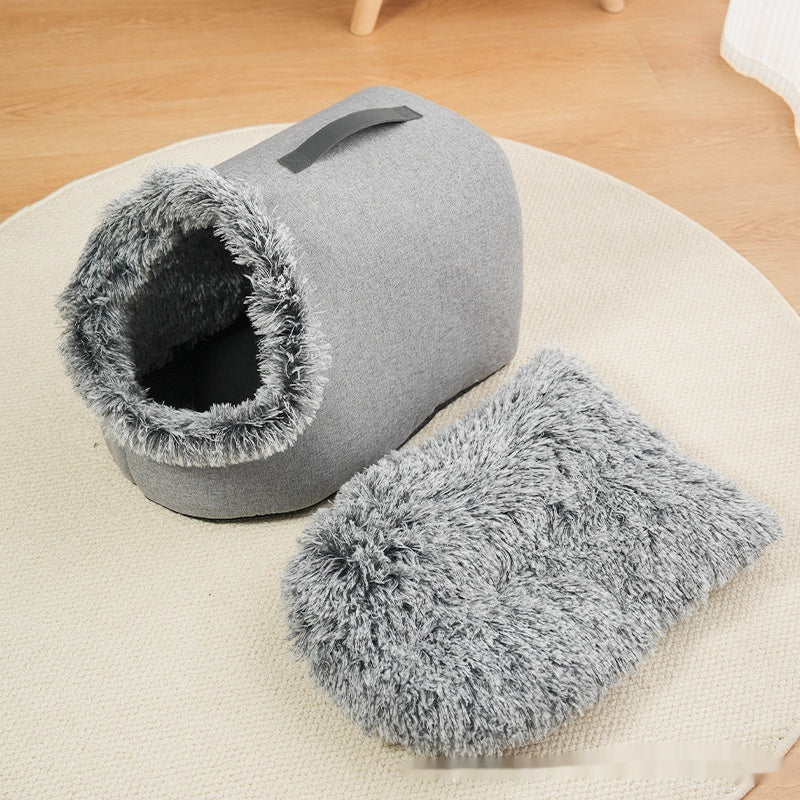 KFX-3576381 Portable Warm Closed Plush Pet Nest Bed in Brown and Gray for Cats and Small Dogs
