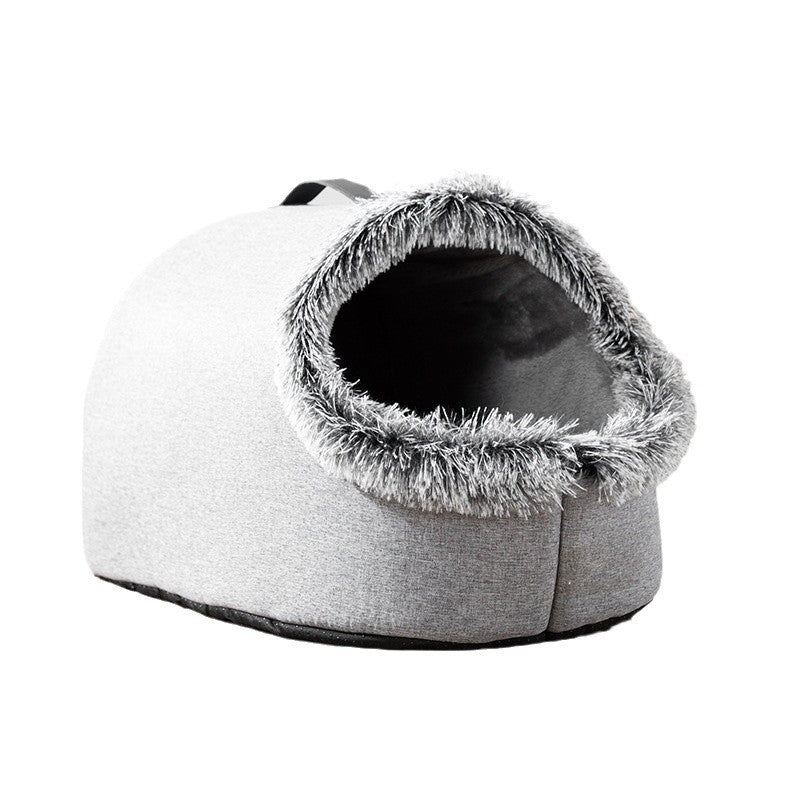 KFX-3576381 Portable Warm Closed Plush Pet Nest Bed in Brown and Gray for Cats and Small Dogs
