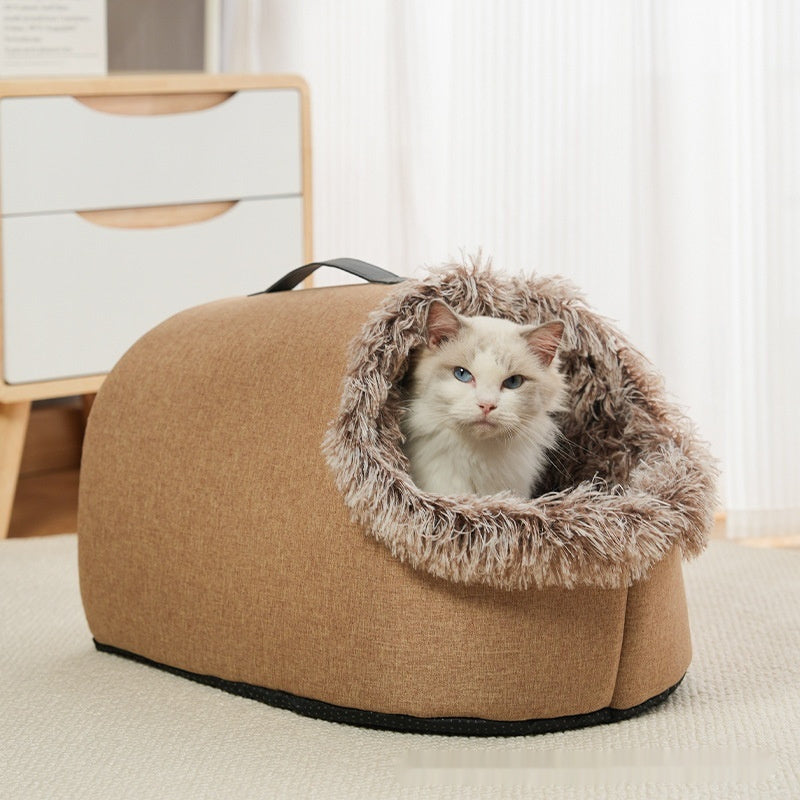 KFX-3576381 Portable Warm Closed Plush Pet Nest Bed in Brown and Gray for Cats and Small Dogs