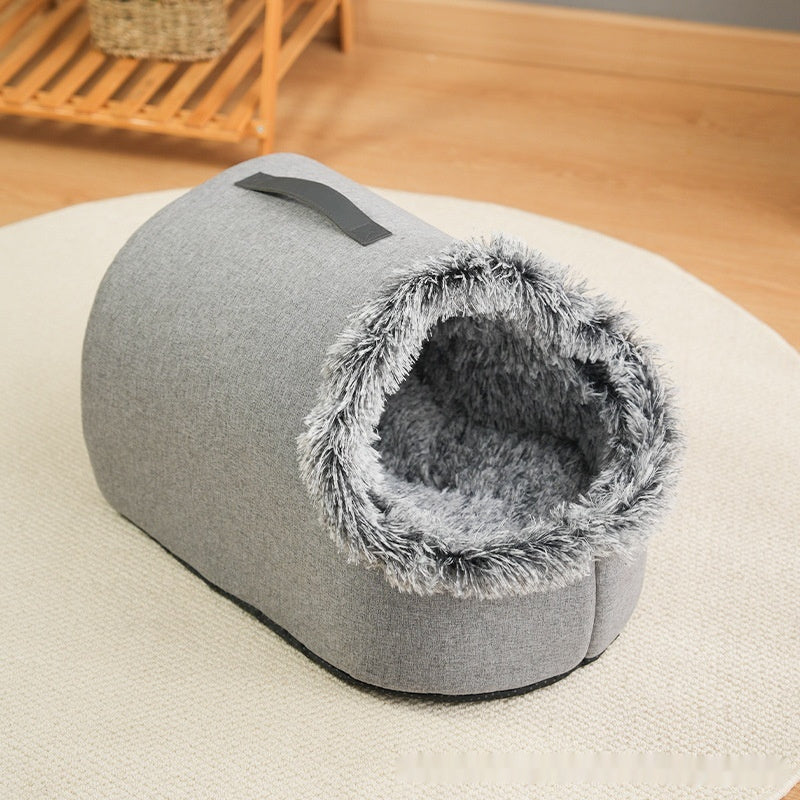 KFX-3576381 Portable Warm Closed Plush Pet Nest Bed in Brown and Gray for Cats and Small Dogs
