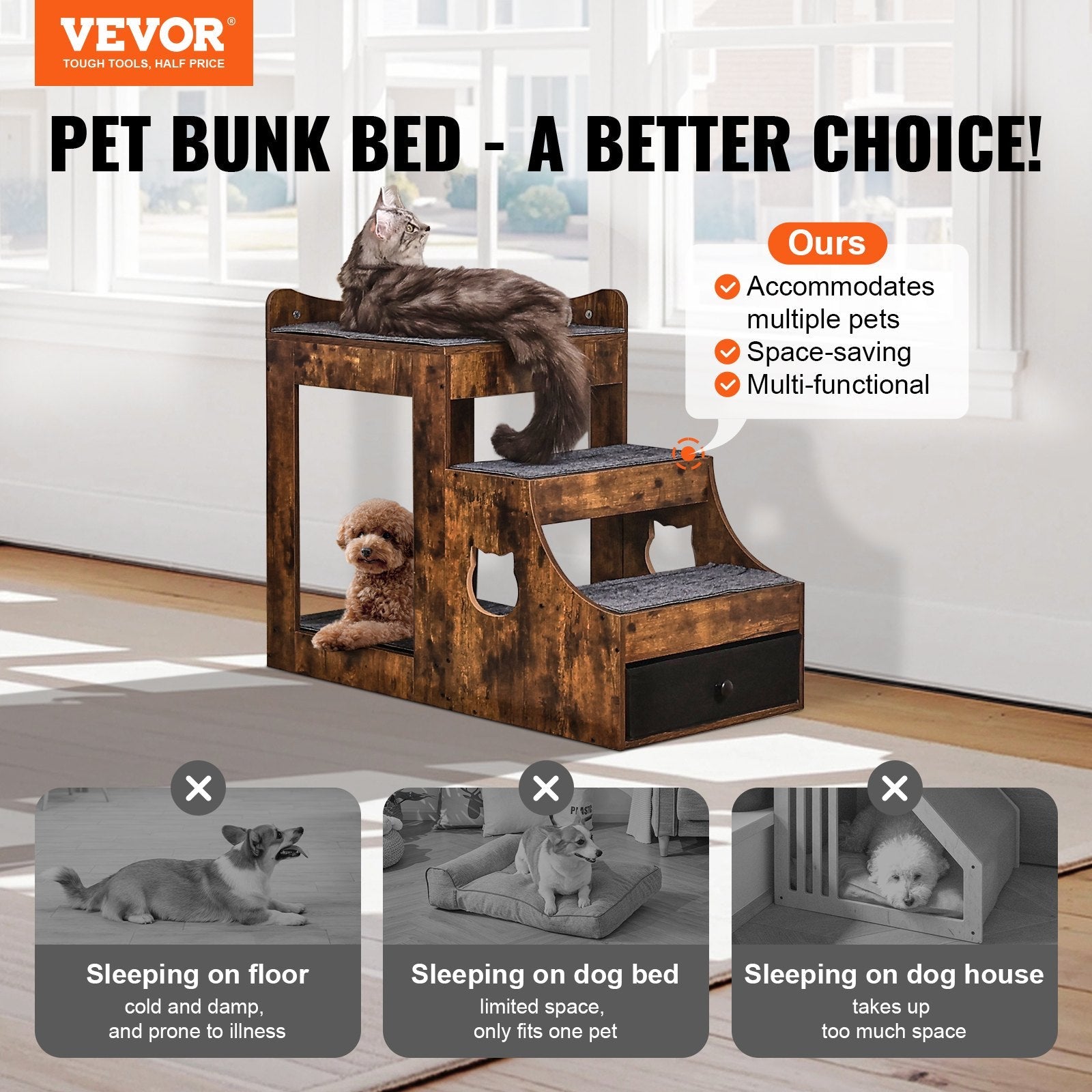 KFX-3578941 Multifunctional Pet Bunk Bed with Stairs and Window Perch for Dogs and Cats