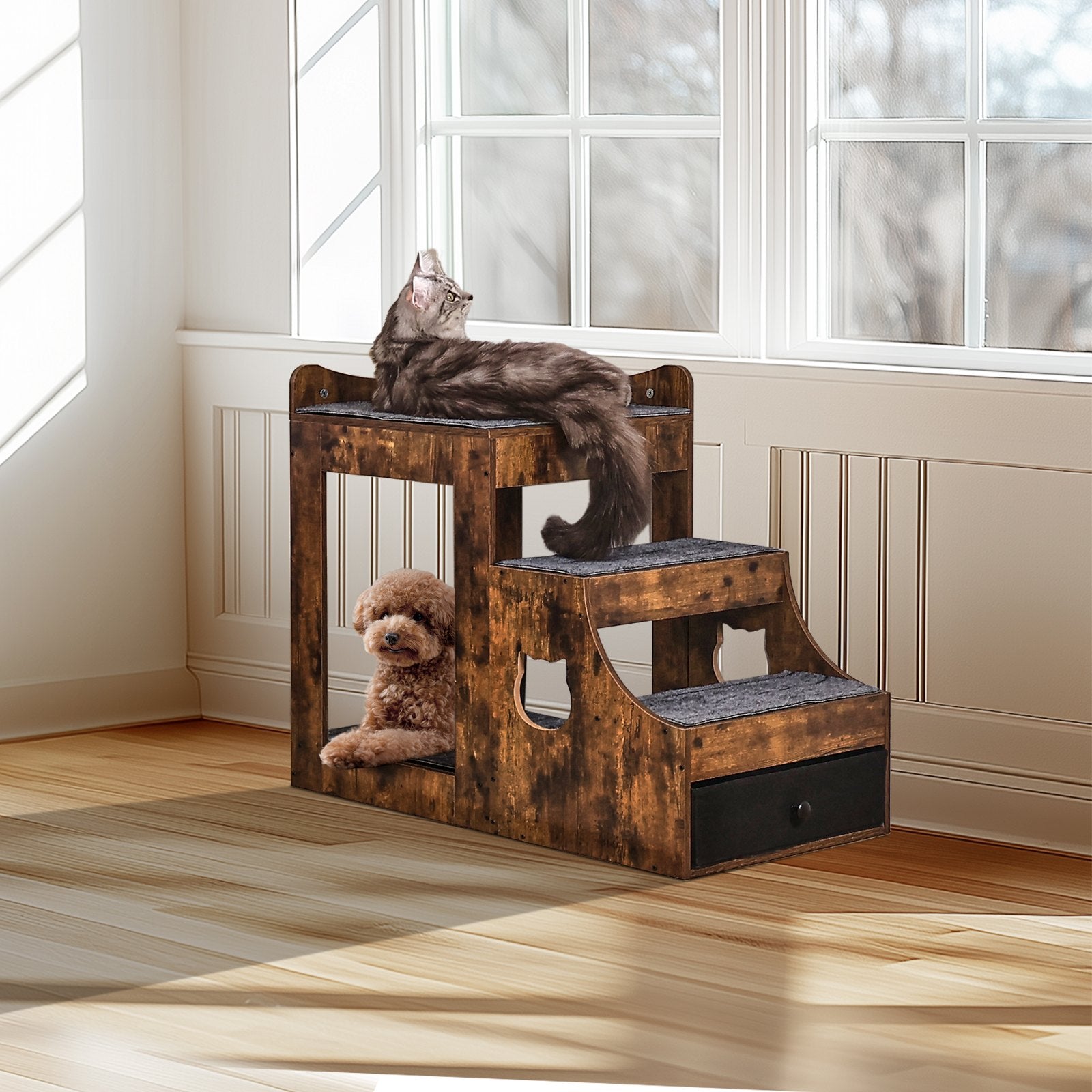 KFX-3578941 Multifunctional Pet Bunk Bed with Stairs and Window Perch for Dogs and Cats