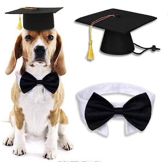 KFX-3586621 Black Doctoral Hat and Bow Tie Set for Pets, Size S, Polyester Material