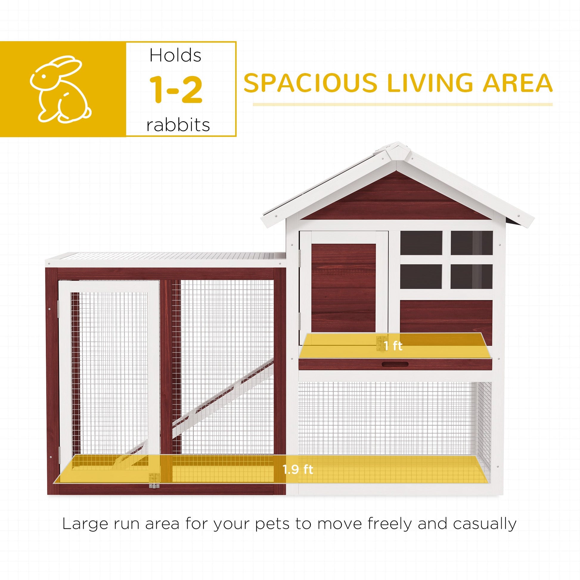 KFX-3597629 Wooden Rabbit Hutch with Waterproof Roof, Indoor/Outdoor Bunny Cage, Removable Tray & Ramp, Natural Brown Finish