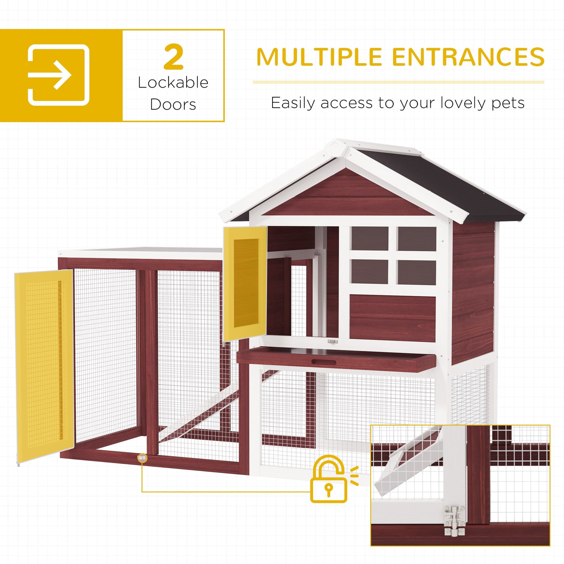 KFX-3597629 Wooden Rabbit Hutch with Waterproof Roof, Indoor/Outdoor Bunny Cage, Removable Tray & Ramp, Natural Brown Finish