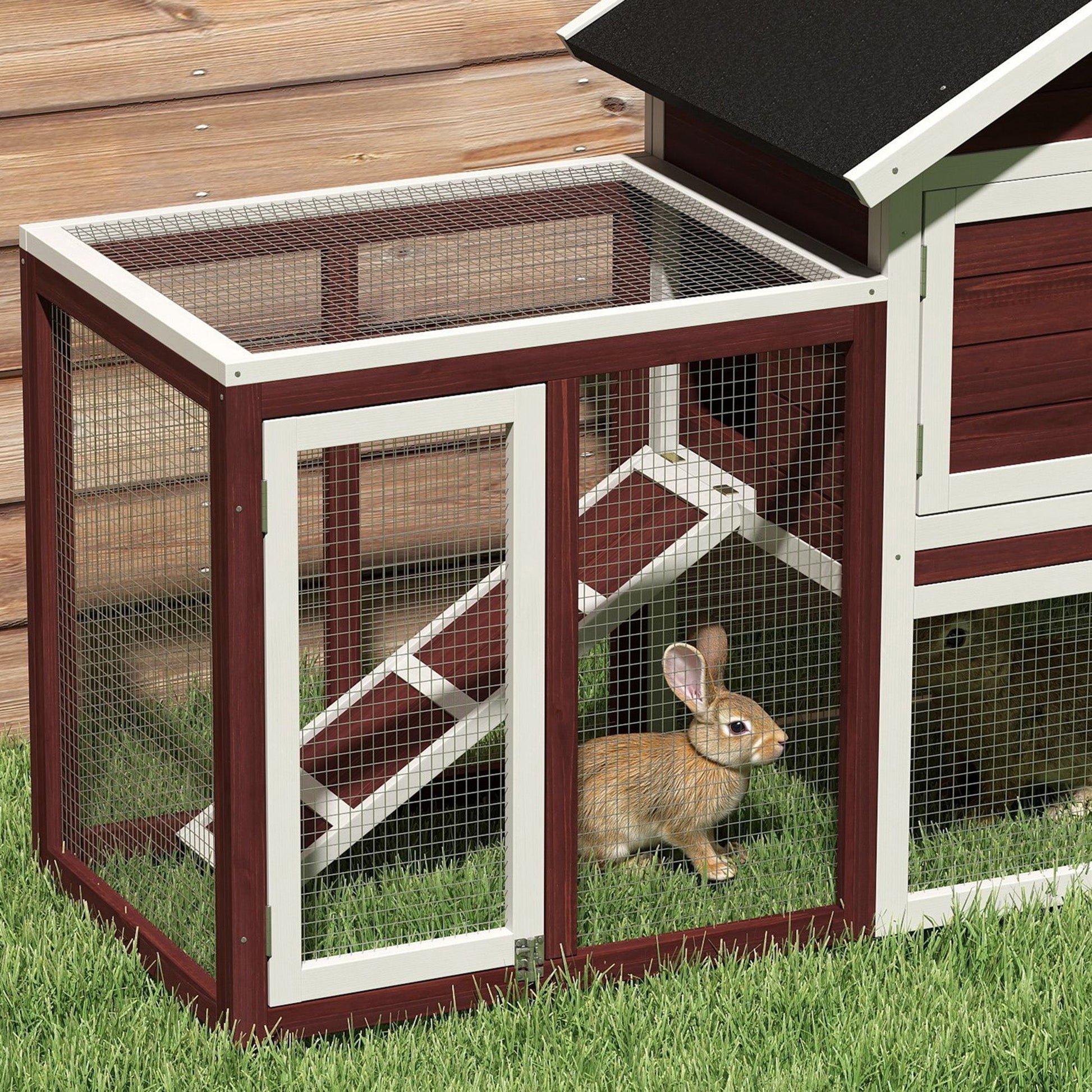 KFX-3597629 Wooden Rabbit Hutch with Waterproof Roof, Indoor/Outdoor Bunny Cage, Removable Tray & Ramp, Natural Brown Finish