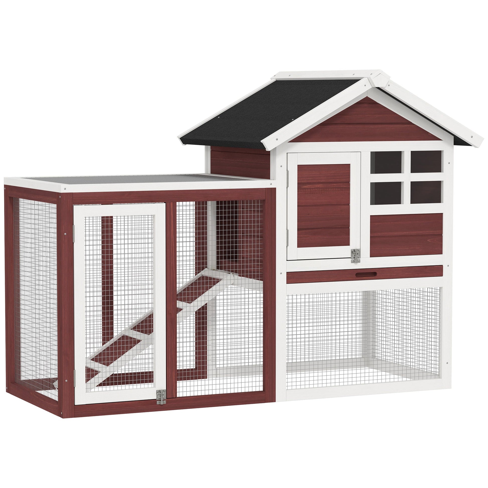 KFX-3597629 Wooden Rabbit Hutch with Waterproof Roof, Indoor/Outdoor Bunny Cage, Removable Tray & Ramp, Natural Brown Finish