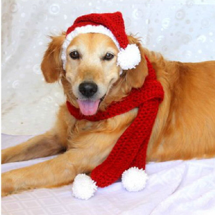 KFX-3598781 Hand-Knitted Wool Hat and Scarf Set for Pets - Solid Color Red, Stylish Design