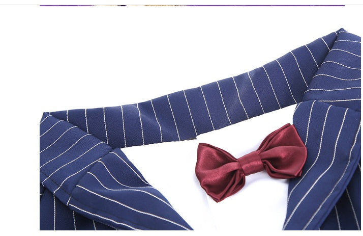KFX-3607869 Navy Blue Stripe Bow Tie Suit for Large Dogs - Casual Wear for Golden Retrievers