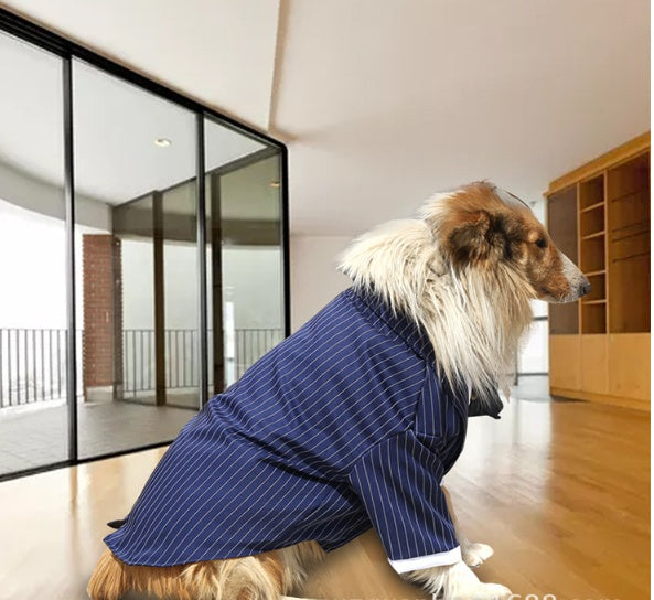 KFX-3607869 Navy Blue Stripe Bow Tie Suit for Large Dogs - Casual Wear for Golden Retrievers