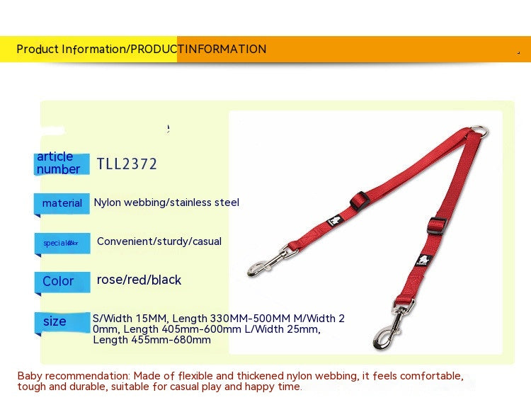 KFX-3609277 Double Head Traction Rope for Dogs - Thick Nylon Strap with Stainless Steel Pull Ring and Buckle, Available in Rose Red, Black, Red