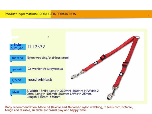 KFX-3609277 Double Head Traction Rope for Dogs - Thick Nylon Strap with Stainless Steel Pull Ring and Buckle, Available in Rose Red, Black, Red