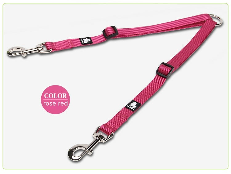 KFX-3609277 Double Head Traction Rope for Dogs - Thick Nylon Strap with Stainless Steel Pull Ring and Buckle, Available in Rose Red, Black, Red