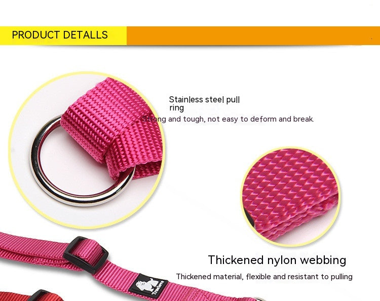 KFX-3609277 Double Head Traction Rope for Dogs - Thick Nylon Strap with Stainless Steel Pull Ring and Buckle, Available in Rose Red, Black, Red