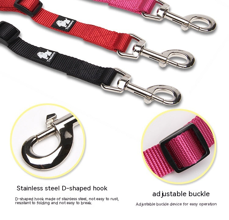 KFX-3609277 Double Head Traction Rope for Dogs - Thick Nylon Strap with Stainless Steel Pull Ring and Buckle, Available in Rose Red, Black, Red