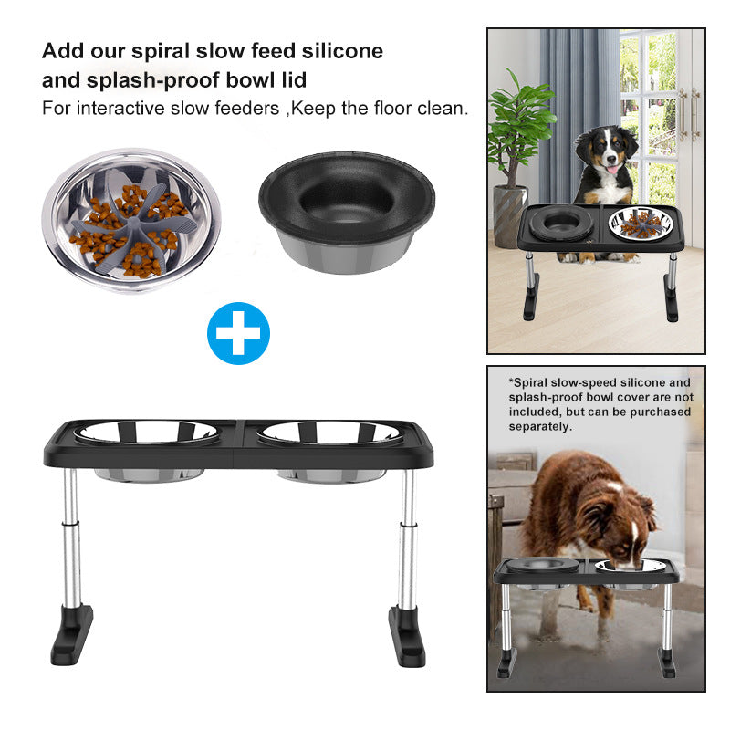 KFX-3621181 Multi-Level Folding Dog Bowl Tray - Adjustable Stainless Steel Pet Dish in Black