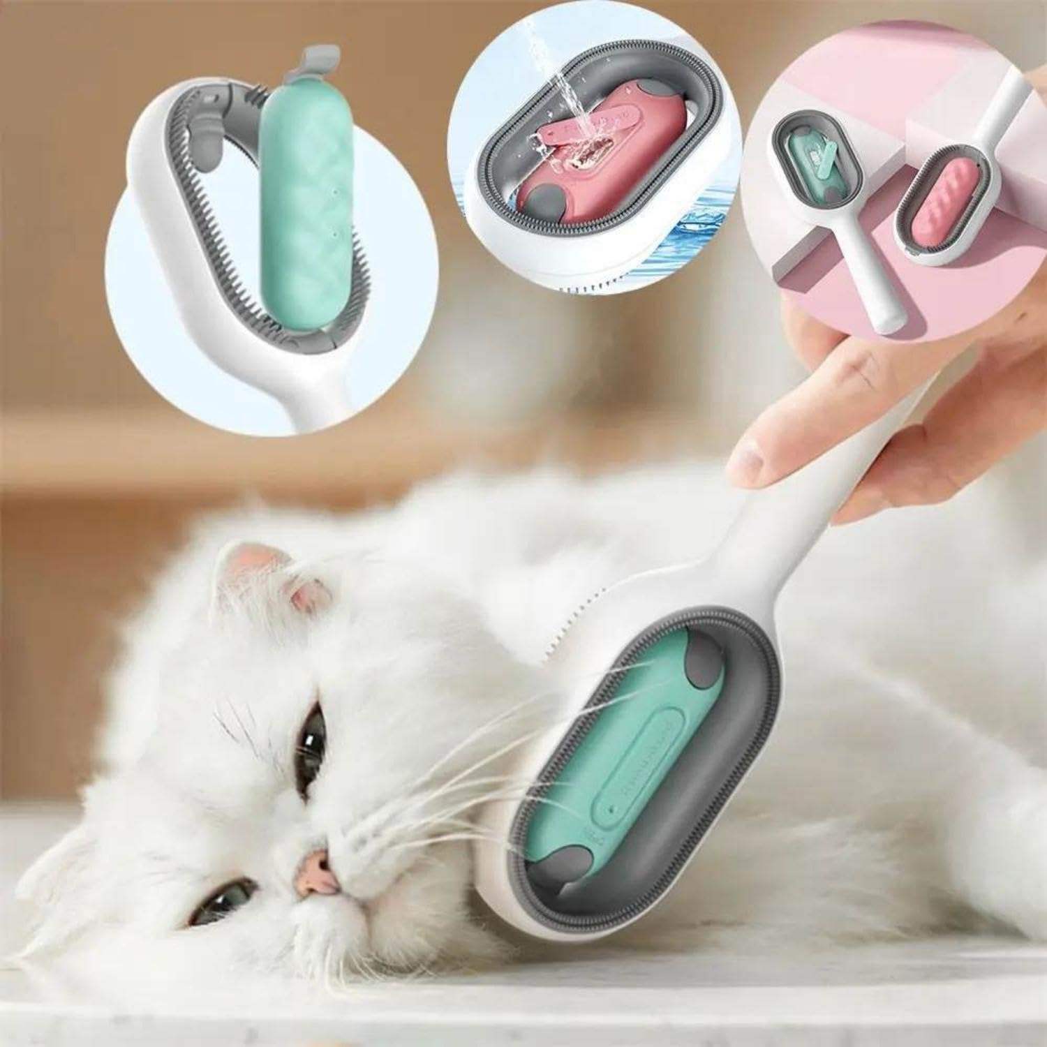 KFX-3624253 Water-Activated 4-in-1 Cat Grooming Brush with Double-Sided Hair Removal and Cleaning Function