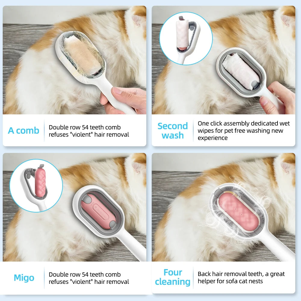 KFX-3624253 Water-Activated 4-in-1 Cat Grooming Brush with Double-Sided Hair Removal and Cleaning Function