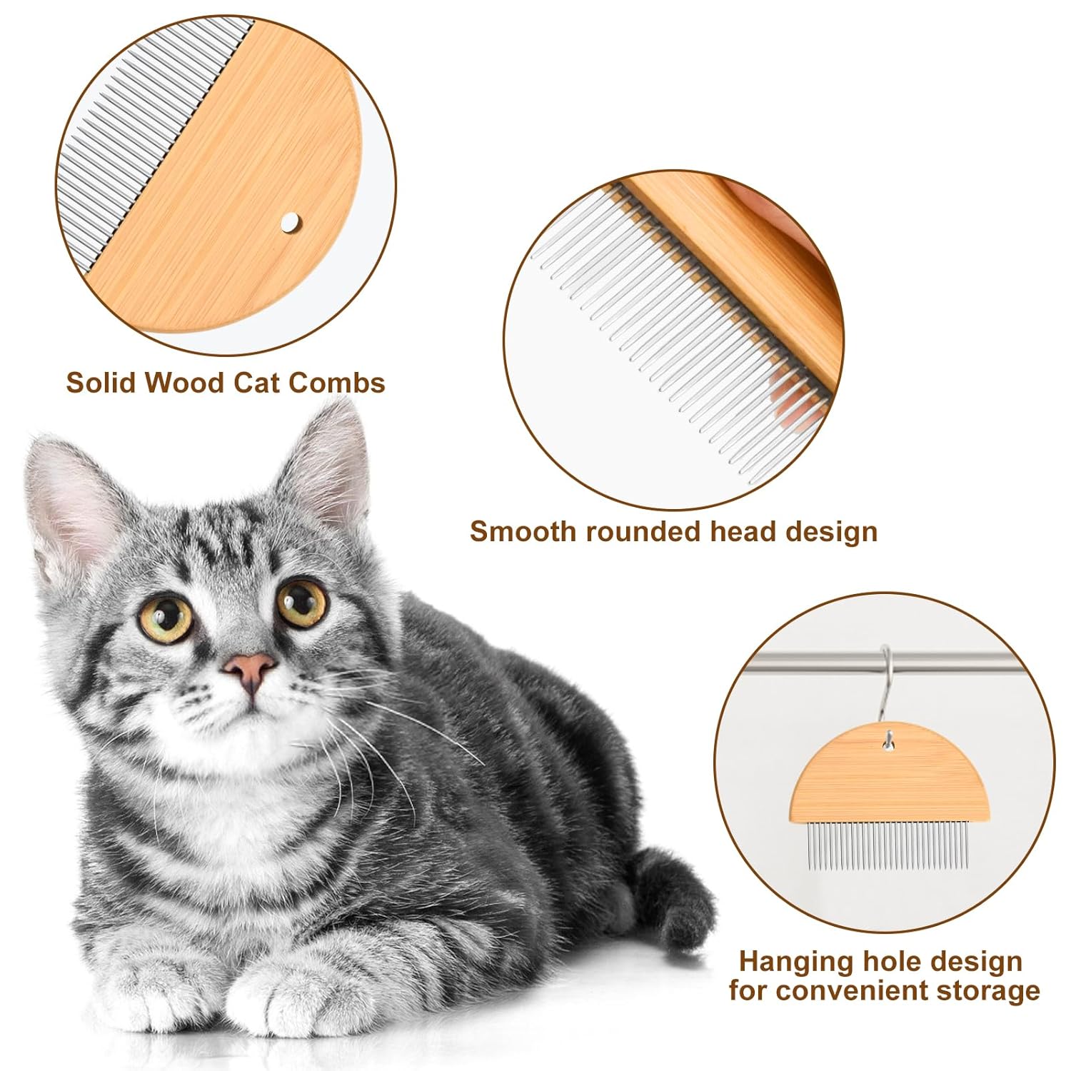 KFX-3625149 Wooden Flea Comb for Pet Grooming - Rounded-Tip Teeth for Cats, Dogs, and Rabbits