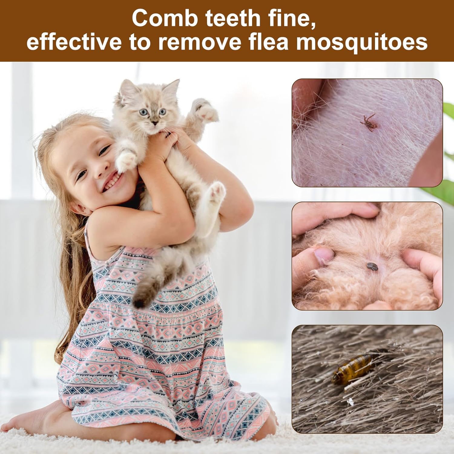 KFX-3625149 Wooden Flea Comb for Pet Grooming - Rounded-Tip Teeth for Cats, Dogs, and Rabbits