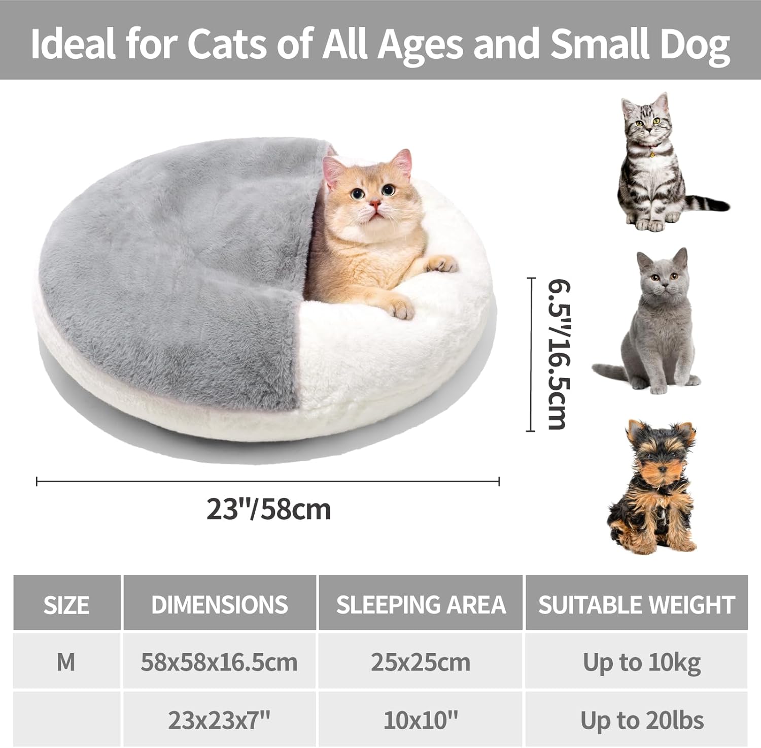 KFX-3625405 Washable Enclosed Cat Bed Cave with Non-Slip Base for Cats & Small Dogs, 22'' x 22'', Soft Faux Fur & Cotton