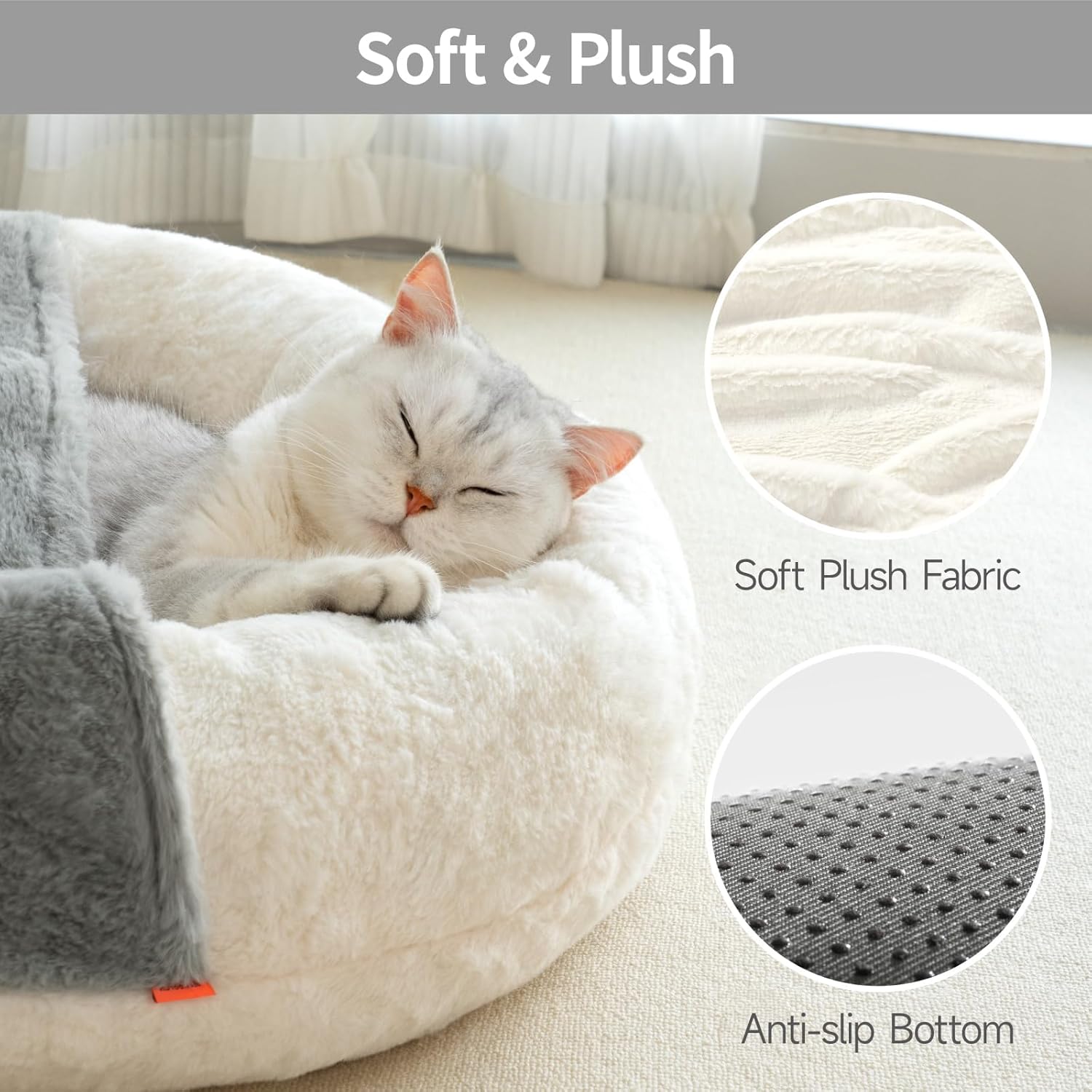 KFX-3625405 Washable Enclosed Cat Bed Cave with Non-Slip Base for Cats & Small Dogs, 22'' x 22'', Soft Faux Fur & Cotton