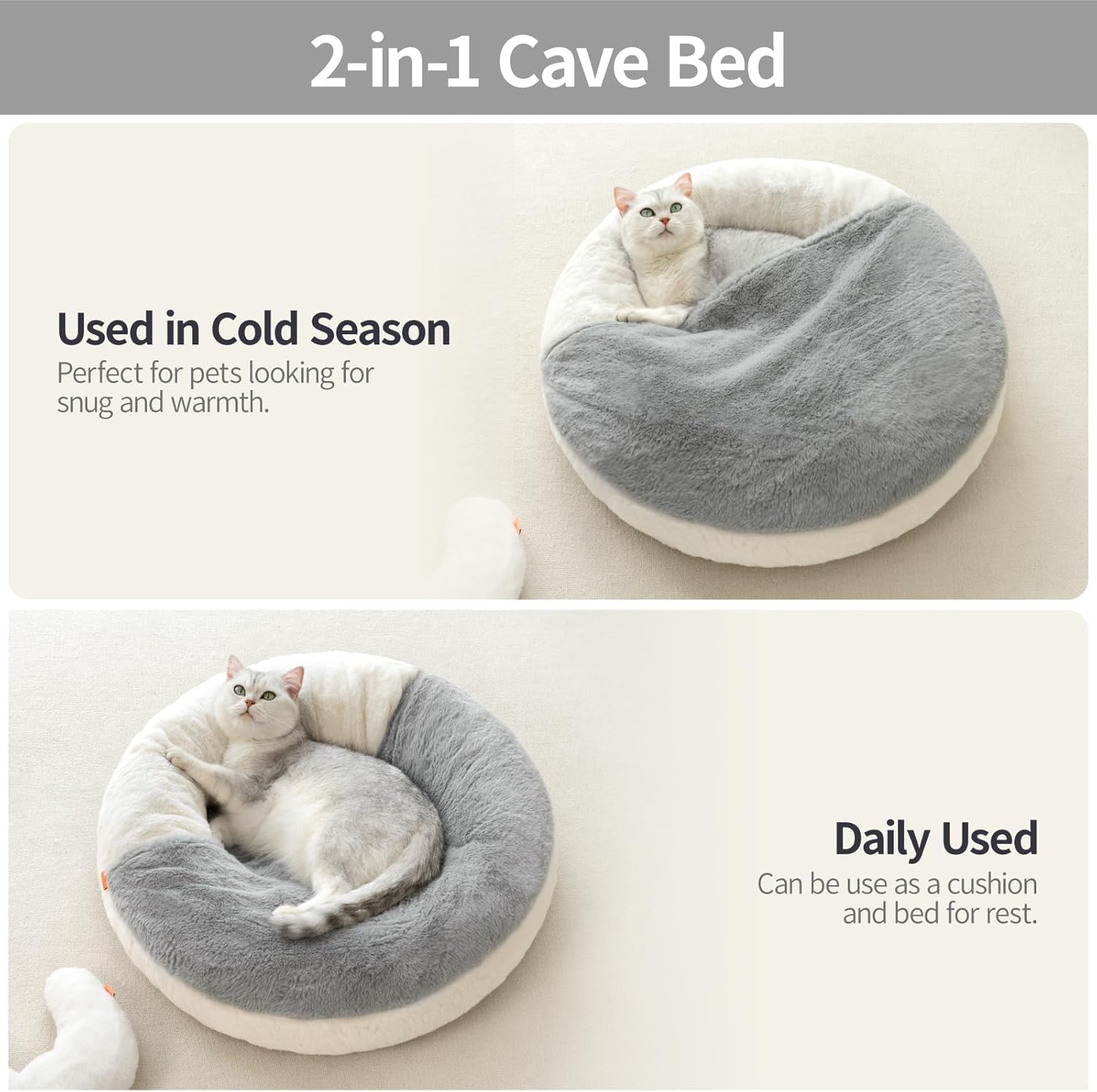 KFX-3625405 Washable Enclosed Cat Bed Cave with Non-Slip Base for Cats & Small Dogs, 22'' x 22'', Soft Faux Fur & Cotton