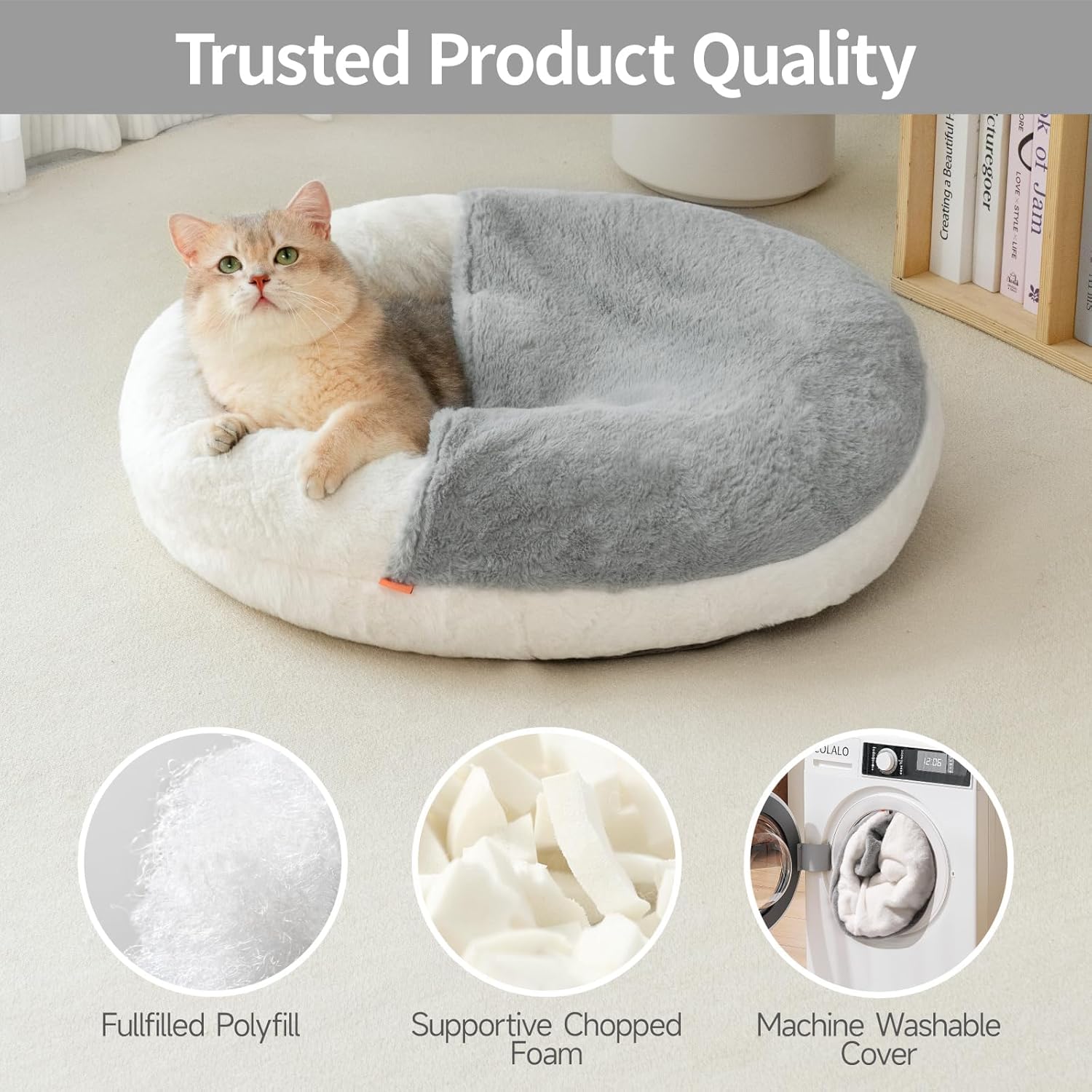 KFX-3625405 Washable Enclosed Cat Bed Cave with Non-Slip Base for Cats & Small Dogs, 22'' x 22'', Soft Faux Fur & Cotton