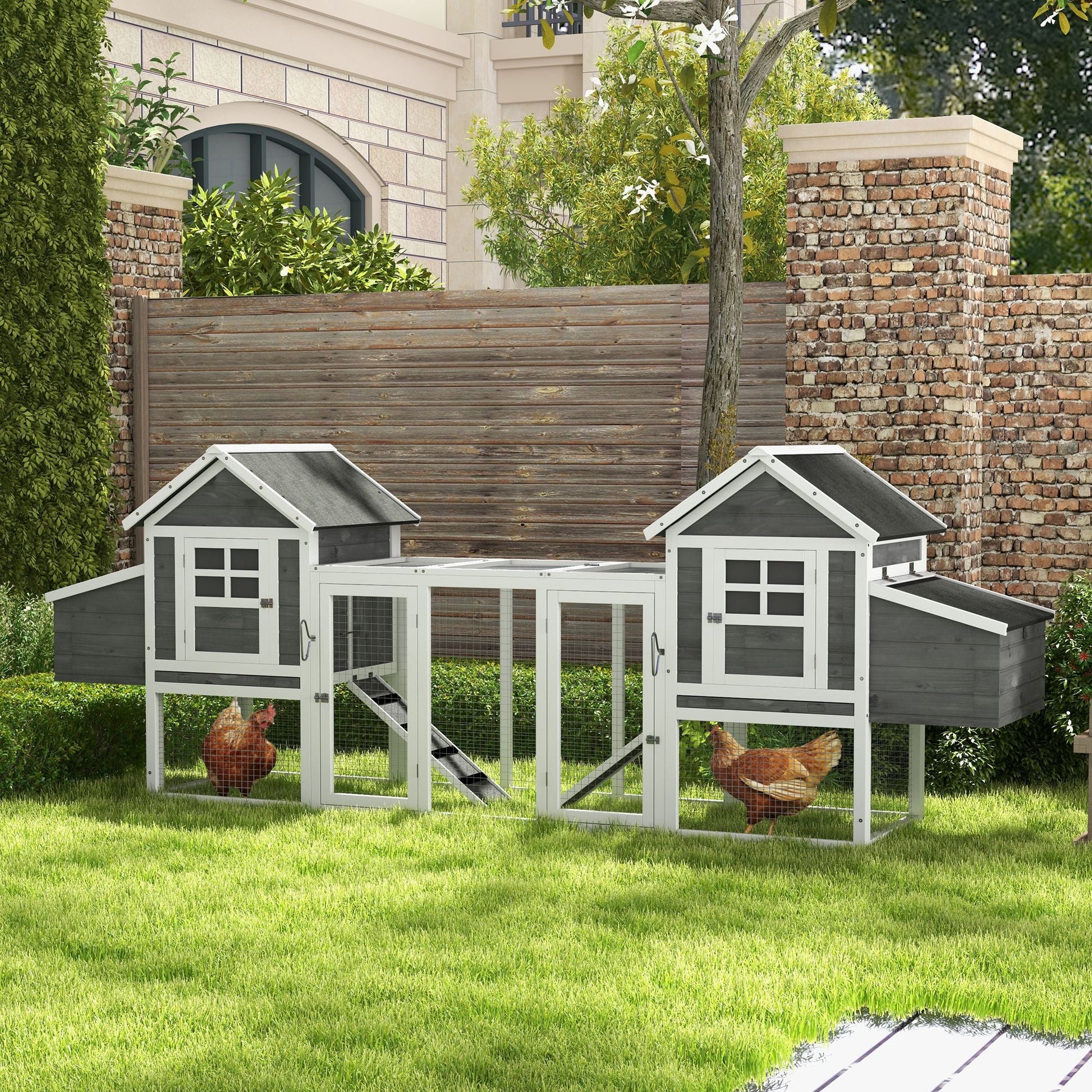 KFX-3630397 Large Dual Chicken Coop with Outdoor Run - Gray Fir Wood Chicken House for 4-6 Chickens