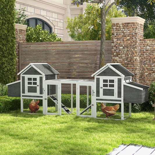 KFX-3630397 Large Dual Chicken Coop with Outdoor Run - Gray Fir Wood Chicken House for 4-6 Chickens
