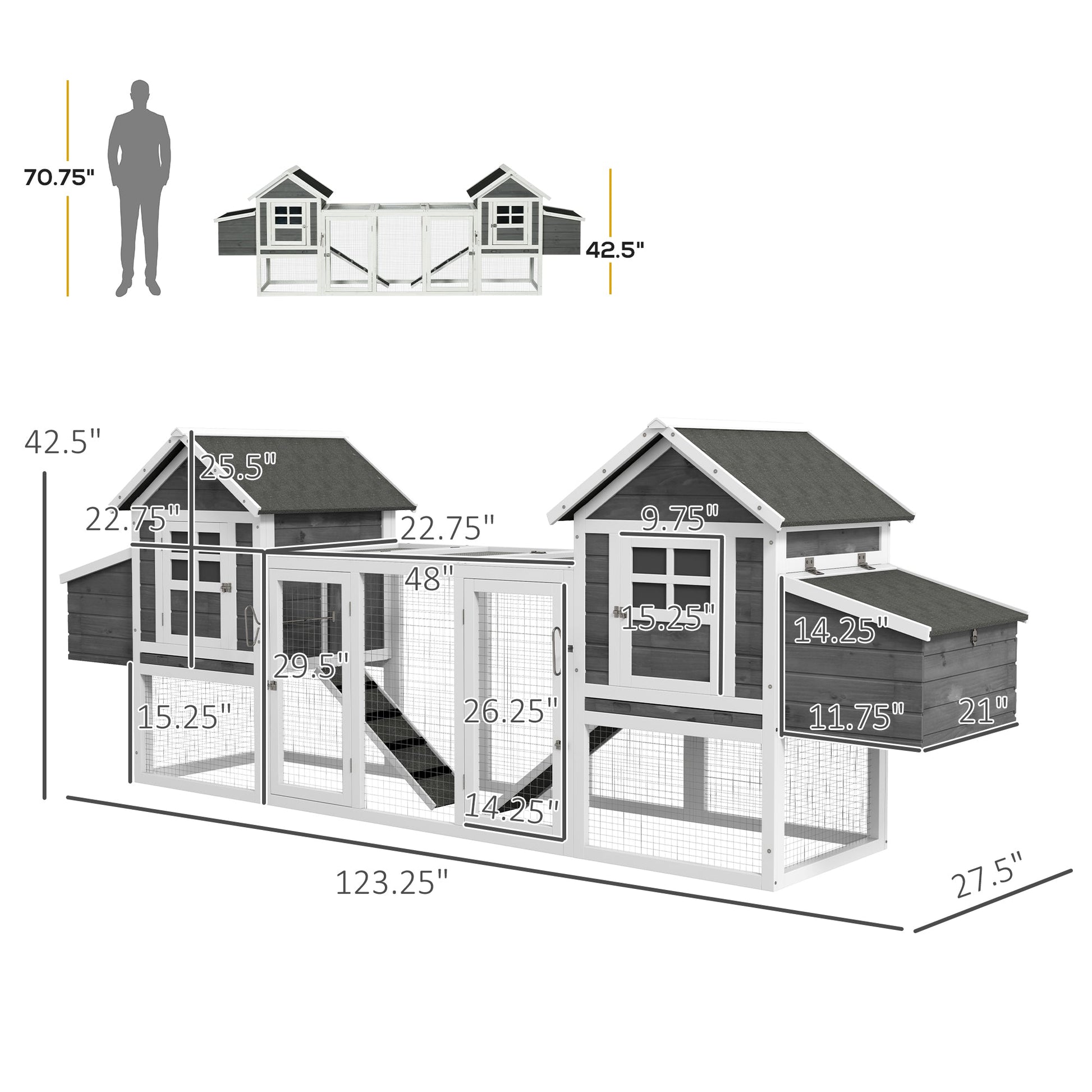 KFX-3630397 Large Dual Chicken Coop with Outdoor Run - Gray Fir Wood Chicken House for 4-6 Chickens
