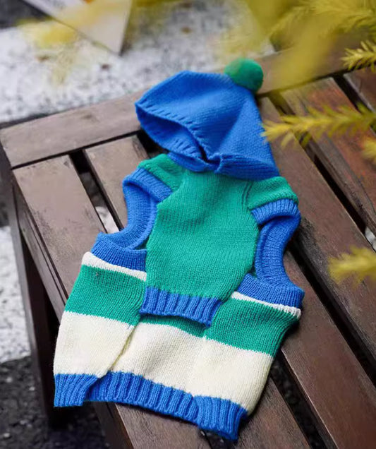 KFX-3631293 Striped Hooded Knitted Pet Sweater for Autumn/Winter - Available in Blue, Sizes S-L