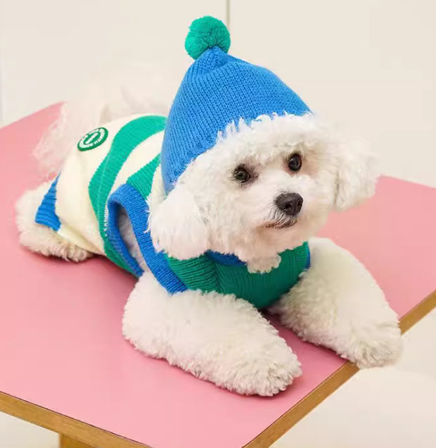 KFX-3631293 Striped Hooded Knitted Pet Sweater for Autumn/Winter - Available in Blue, Sizes S-L