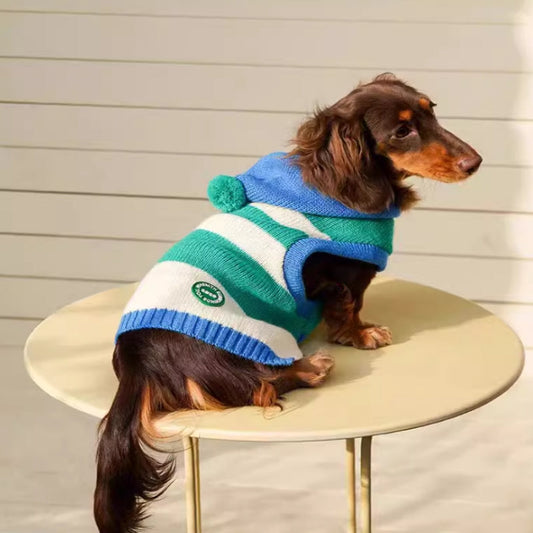 KFX-3631293 Striped Hooded Knitted Pet Sweater for Autumn/Winter - Available in Blue, Sizes S-L