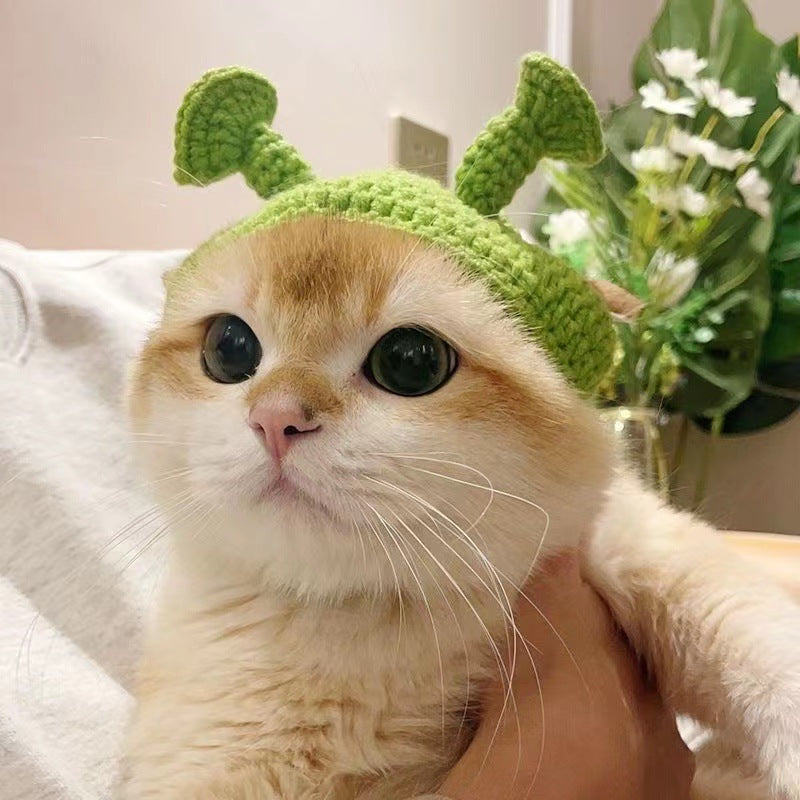 KFX-3631549 Handmade Green Knitted Cat and Dog Hat - Stylish Pet Headgear for All Seasons