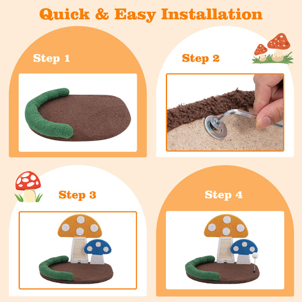 KFX-3632701 Multifunctional Mushroom Cat Bed with Scratch Panel and Swinging Ball, Comfortable and Space-Saving Design