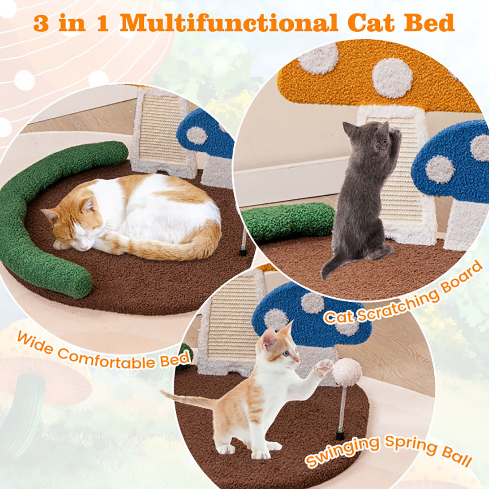 KFX-3632701 Multifunctional Mushroom Cat Bed with Scratch Panel and Swinging Ball, Comfortable and Space-Saving Design