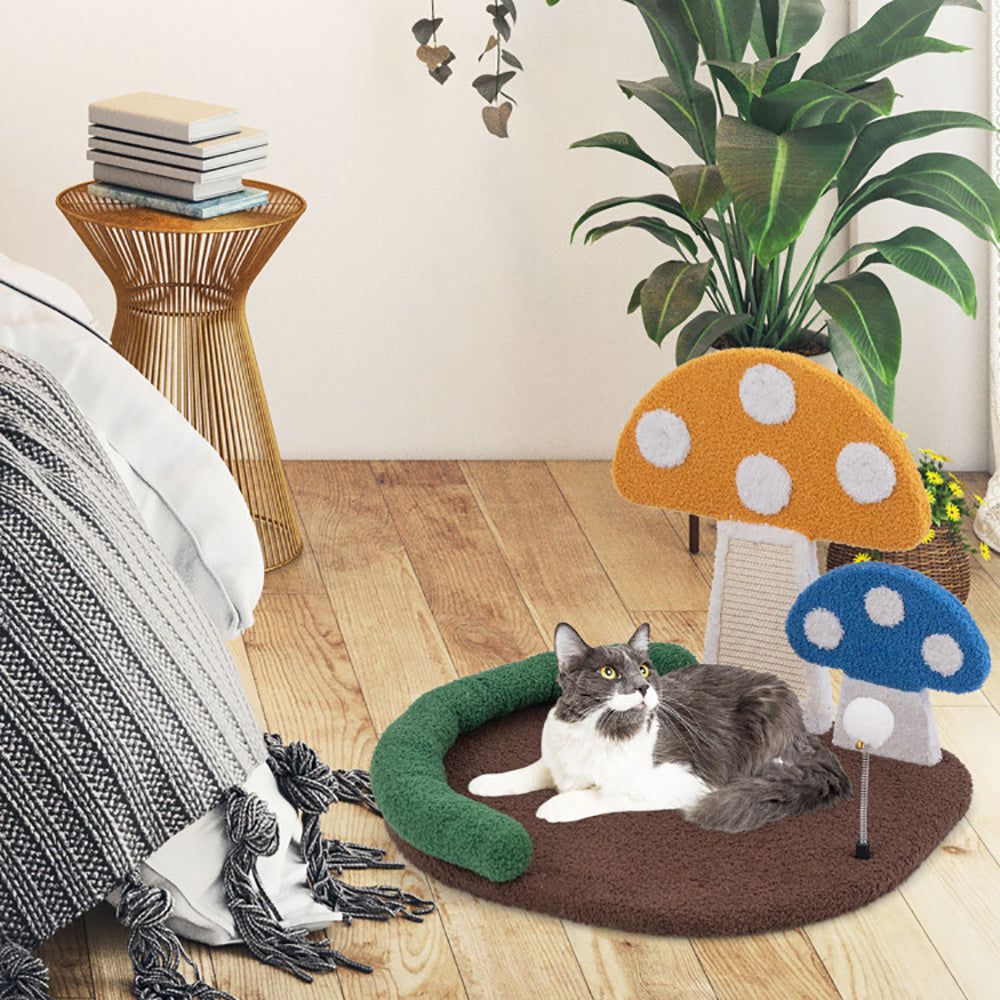 KFX-3632701 Multifunctional Mushroom Cat Bed with Scratch Panel and Swinging Ball, Comfortable and Space-Saving Design