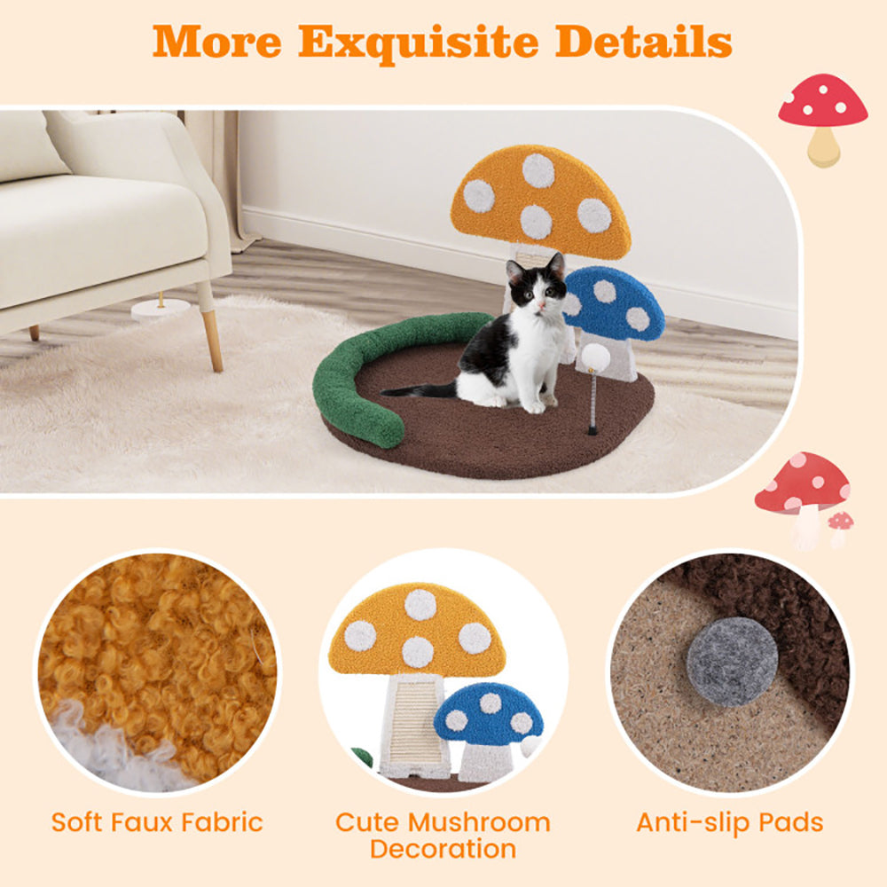 KFX-3632701 Multifunctional Mushroom Cat Bed with Scratch Panel and Swinging Ball, Comfortable and Space-Saving Design
