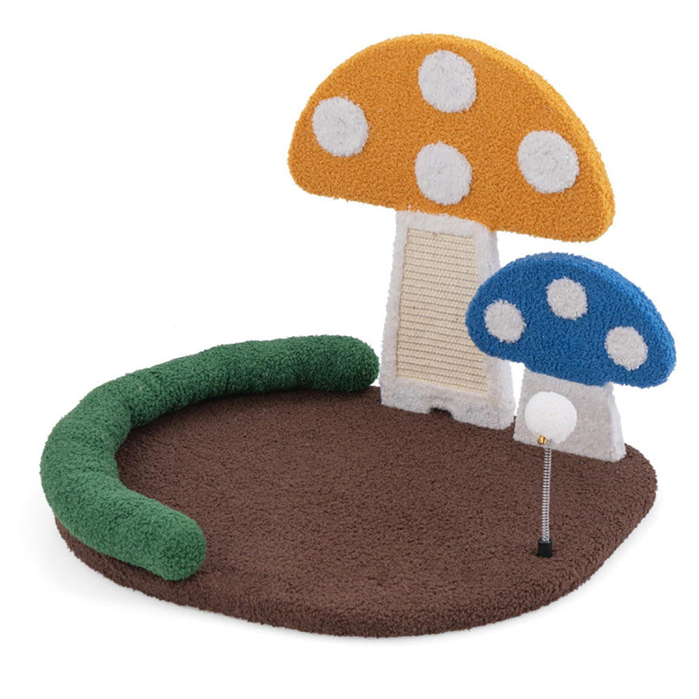 KFX-3632701 Multifunctional Mushroom Cat Bed with Scratch Panel and Swinging Ball, Comfortable and Space-Saving Design