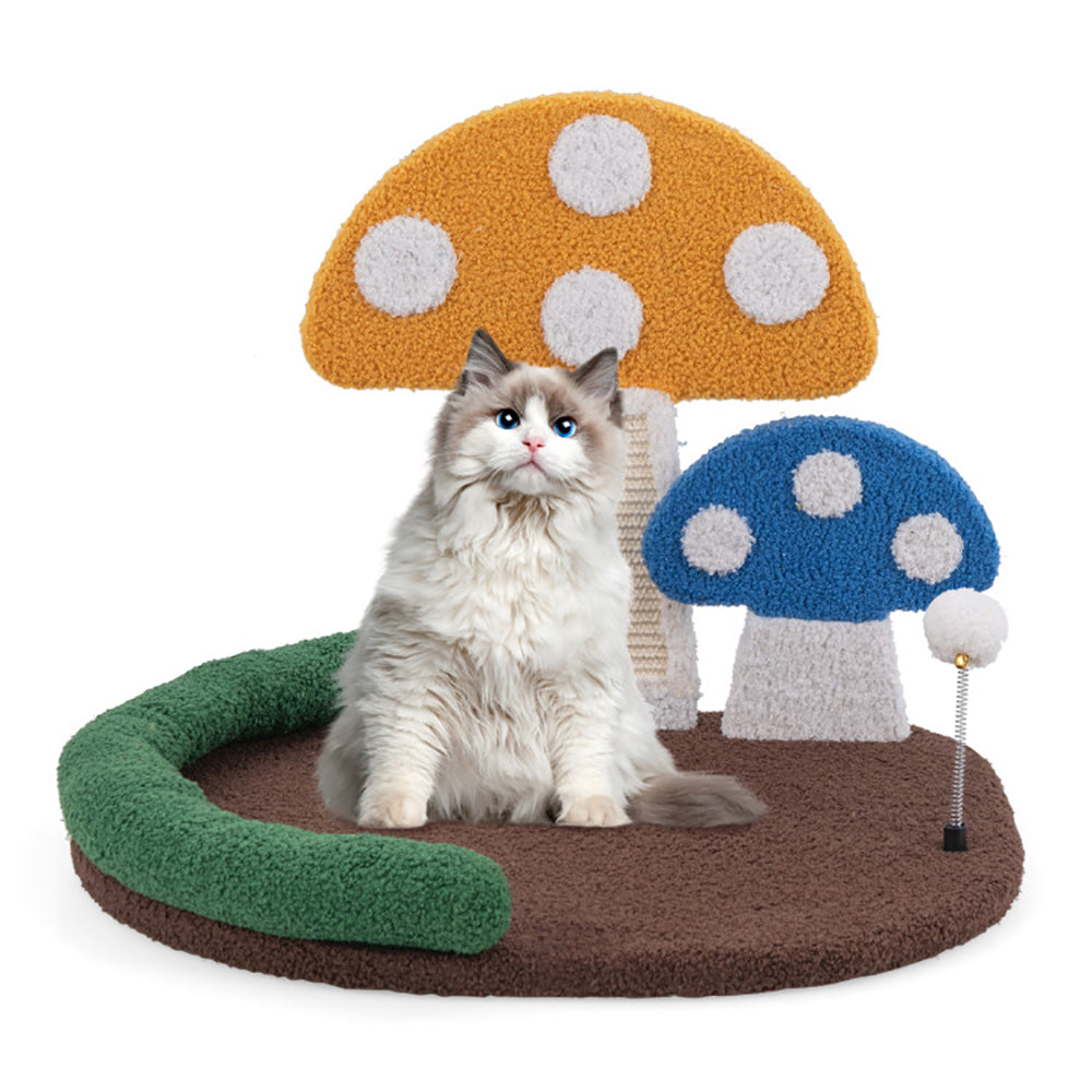 KFX-3632701 Multifunctional Mushroom Cat Bed with Scratch Panel and Swinging Ball, Comfortable and Space-Saving Design