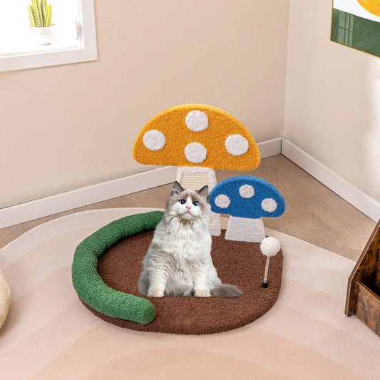 KFX-3632701 Multifunctional Mushroom Cat Bed with Scratch Panel and Swinging Ball, Comfortable and Space-Saving Design