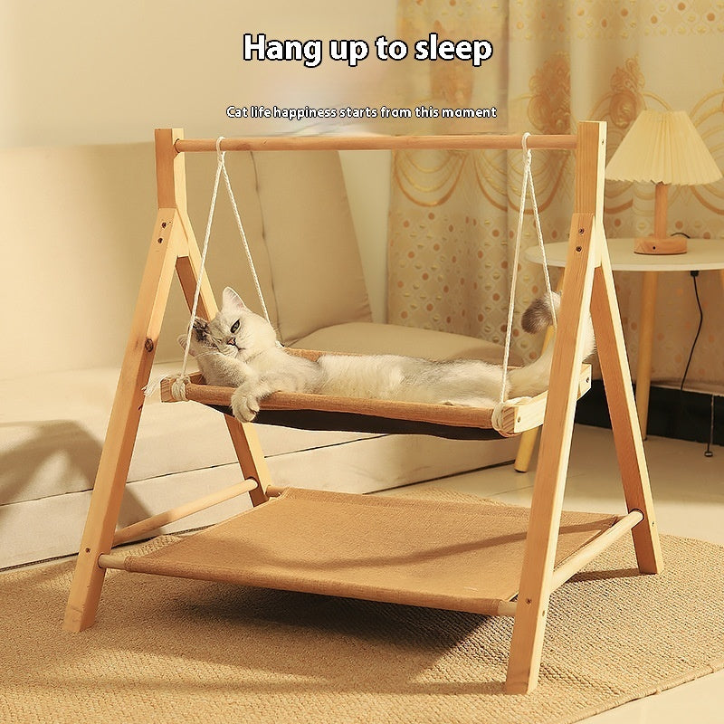 KFX-3634109 Double-Layer Universal Wooden Cat Hammock Nest for All Seasons - Sisal Material, 65CM x 57CM x 69CM
